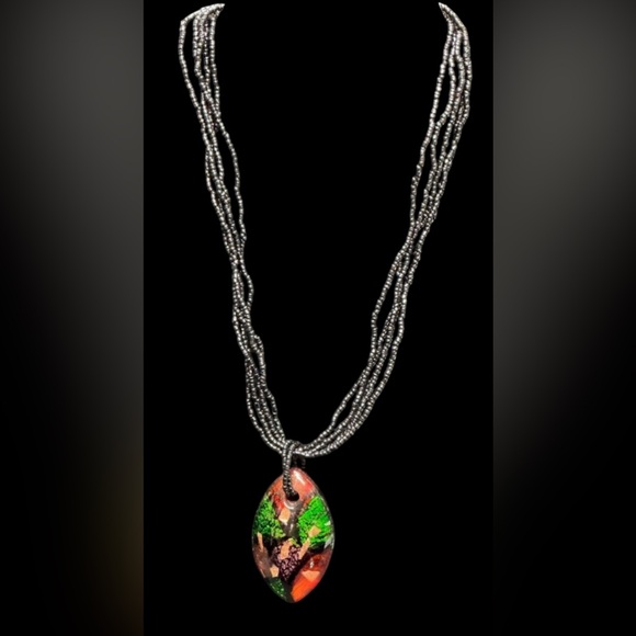 Jewelry - Reddish-Orange Murano Glass Pendant Necklace with Multi-Strand Seed Beaded Chain